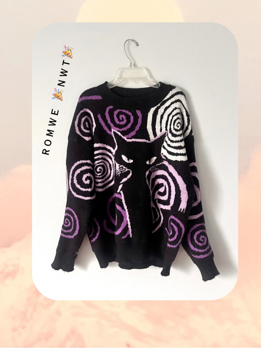 ROMWE Black Purple & White Spiral Sweater with Cat Print